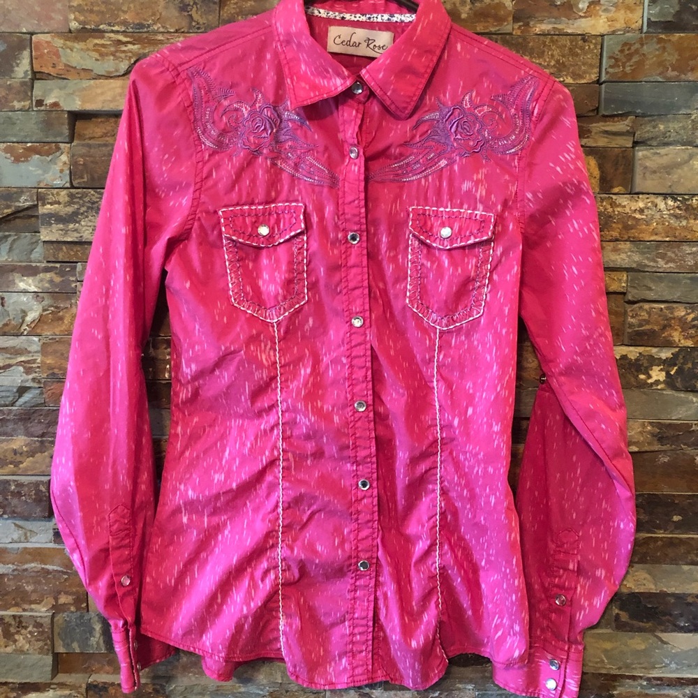 Beautiful Cedar Rose PINK Western Shirt Purple Rose Embroidery Rhineston…